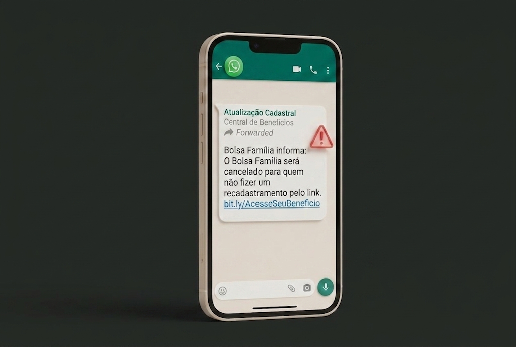 Celular exibindo mensagem encaminhada que anuncia cancelamento do Bolsa Família e pede recadastramento por um link encurtado
