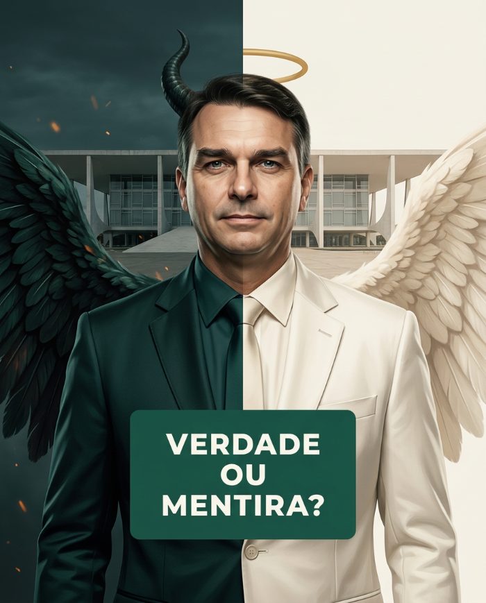 Montagem editorial: Flávio Bolsonaro metade em tom sombrio, metade em tom claro, com a pergunta verdade ou mentira