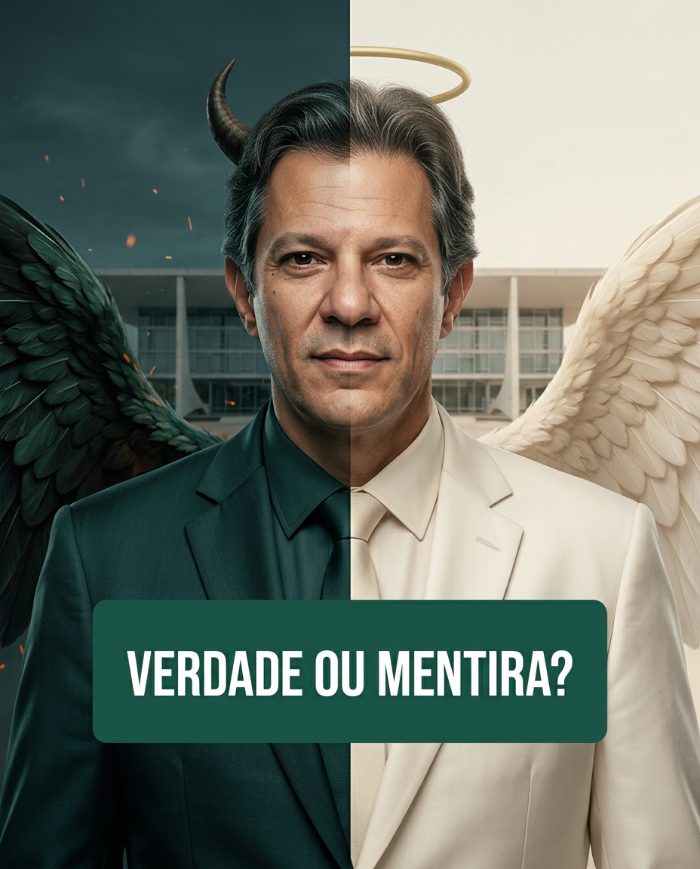 Montagem editorial: Fernando Haddad metade em tom sombrio, metade em tom claro, com a pergunta verdade ou mentira