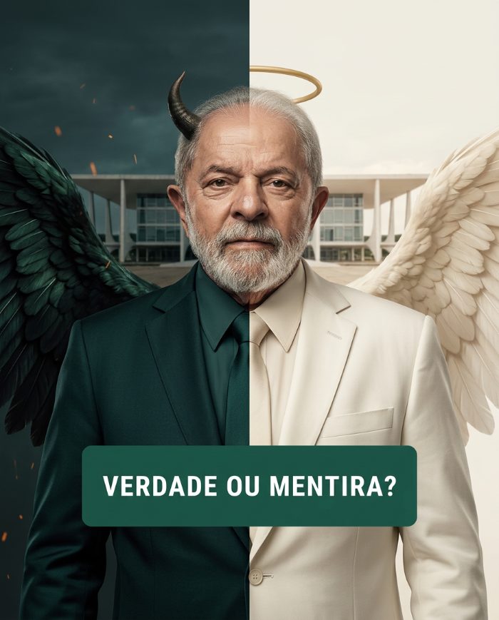 Montagem editorial: Lula metade em tom sombrio, metade em tom claro, com a pergunta verdade ou mentira