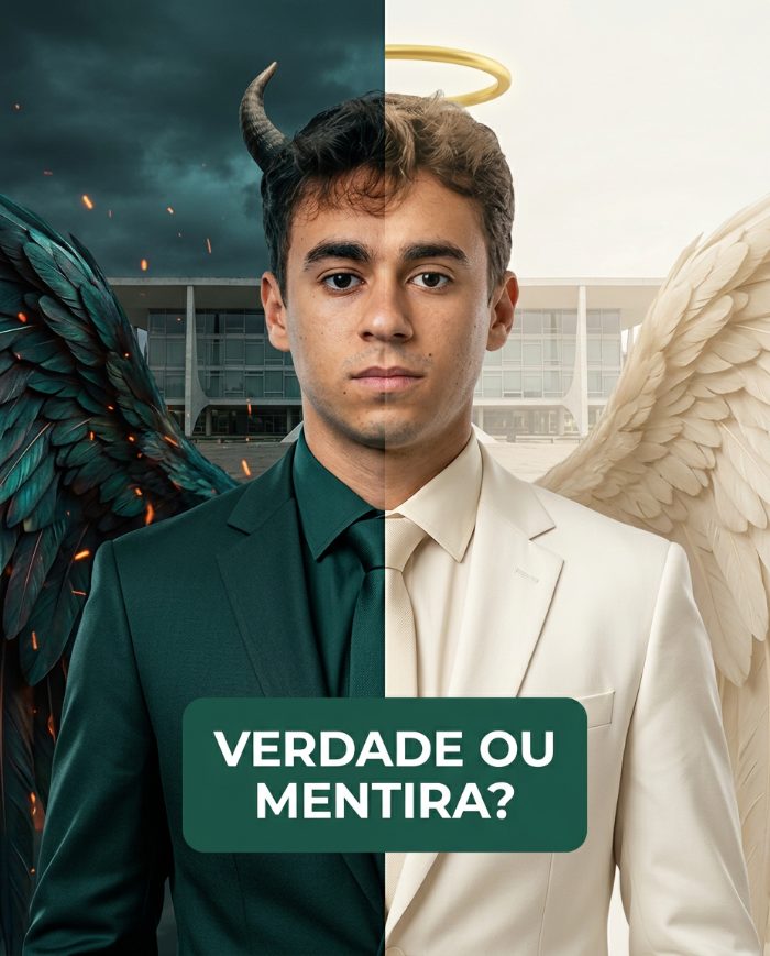 Montagem editorial: Nikolas Ferreira metade em tom sombrio, metade em tom claro, com a pergunta verdade ou mentira