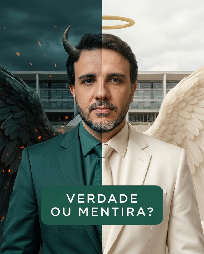 Montagem editorial: Renan Santos metade em tom sombrio, metade em tom claro, com a pergunta verdade ou mentira